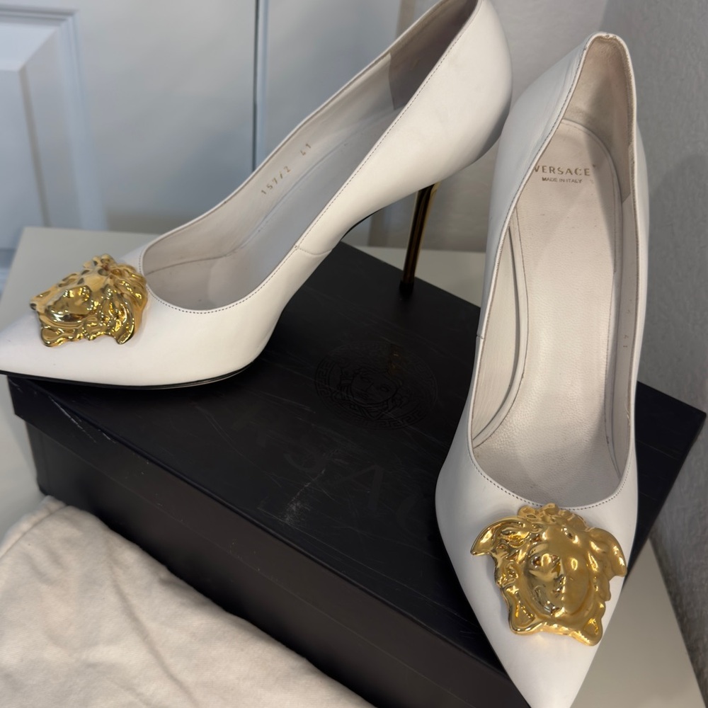 Versace White Heels with Gold Medusa Accent - Picture 3 of 7
